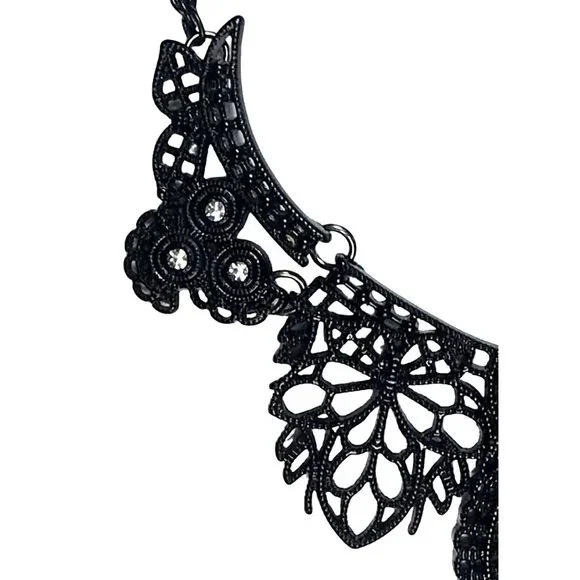 Stylized Swooping Bird Japanned Black Filagree Metal and Rhinestone Bib Necklace - Picture 4 of 5